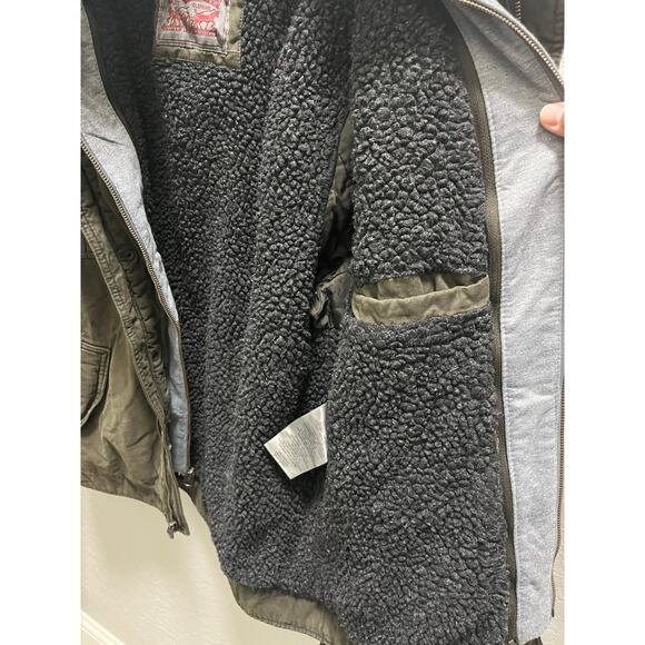 LEVI’S Sherpa MEDIUM Trucker Brown Military Jacket Removable Hood - Picture 8 of 13